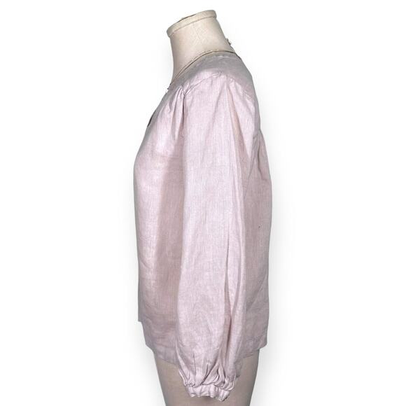 H HALSTON 100% Linen Split Neck Blouse Blush Pink Top Long Sleeve Soft Medium - Picture 3 of 9
